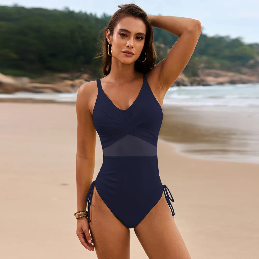 Drawstring V-Neck One-Piece Swimwear