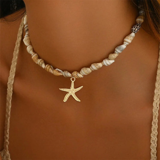 Natural Seashell Beaded Necklace w/ Starfish Pendant